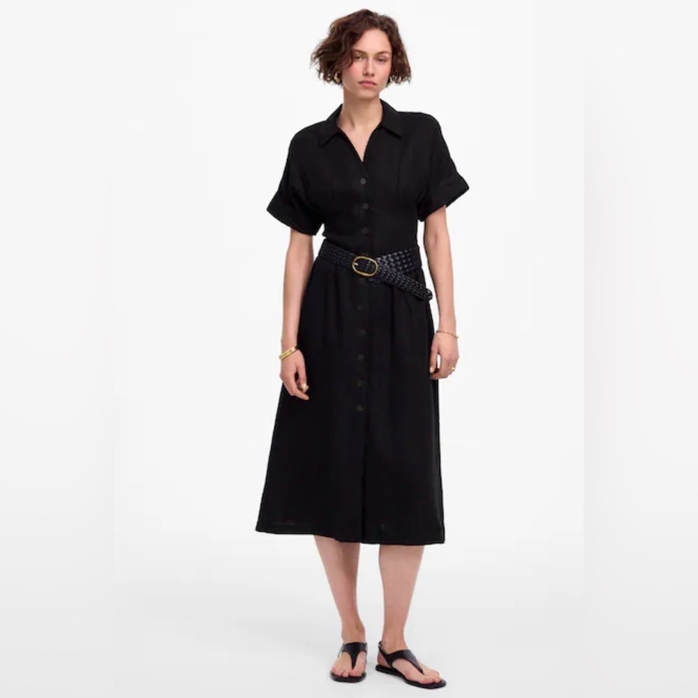Madewell Petite Pleated Button-Front Midi Shirtdress in 100% Linen, Size PS